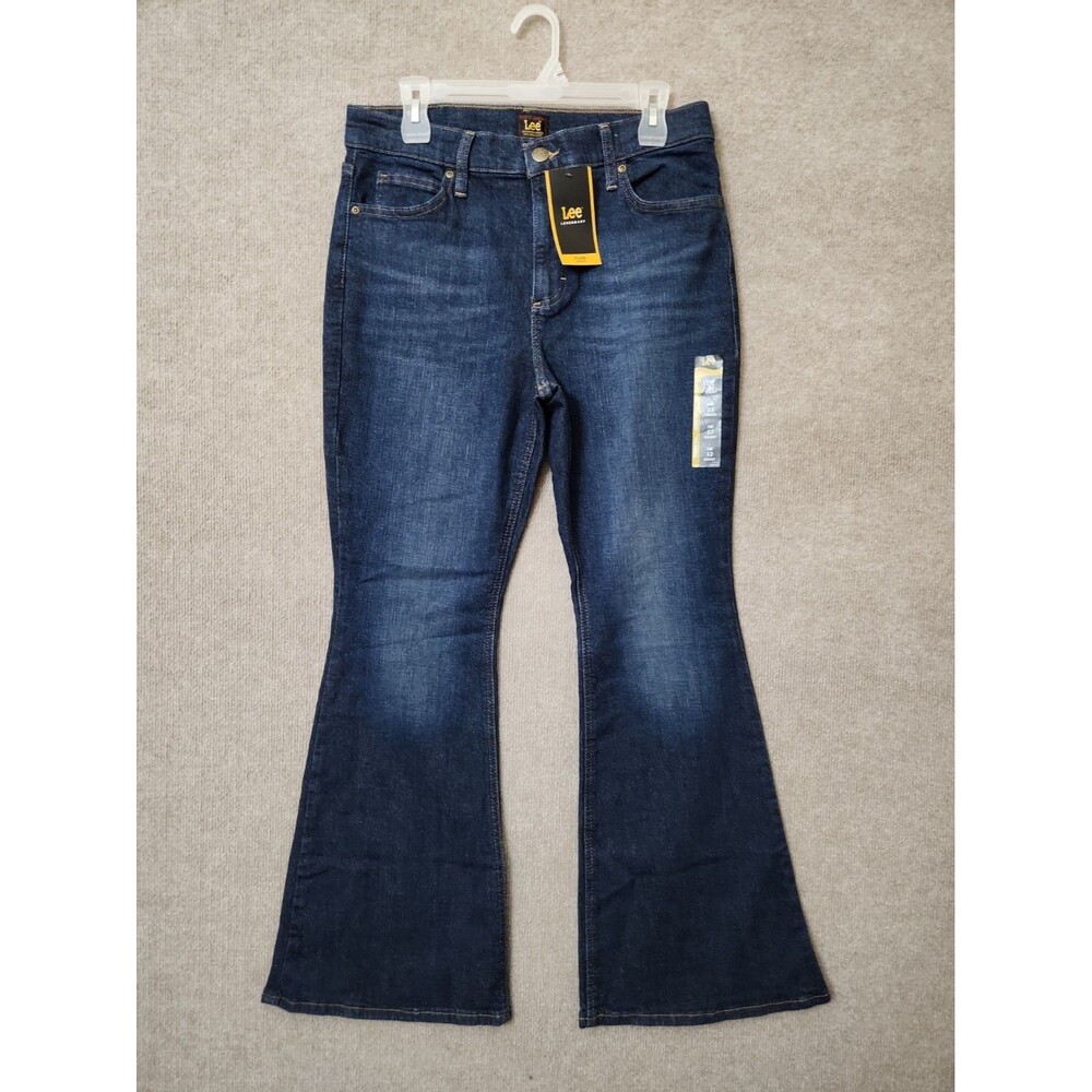 Lee Legendary Mid Rise Flare Jeans Womens 12 Short Blue Medium Wash Stretch NEW